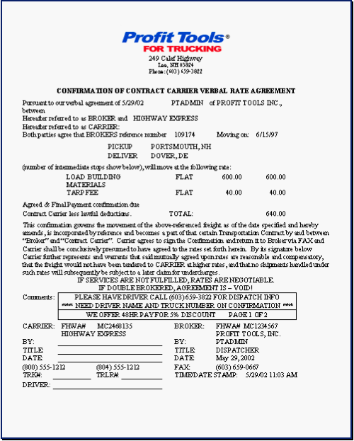 Free Trucking Rate Confirmation Template